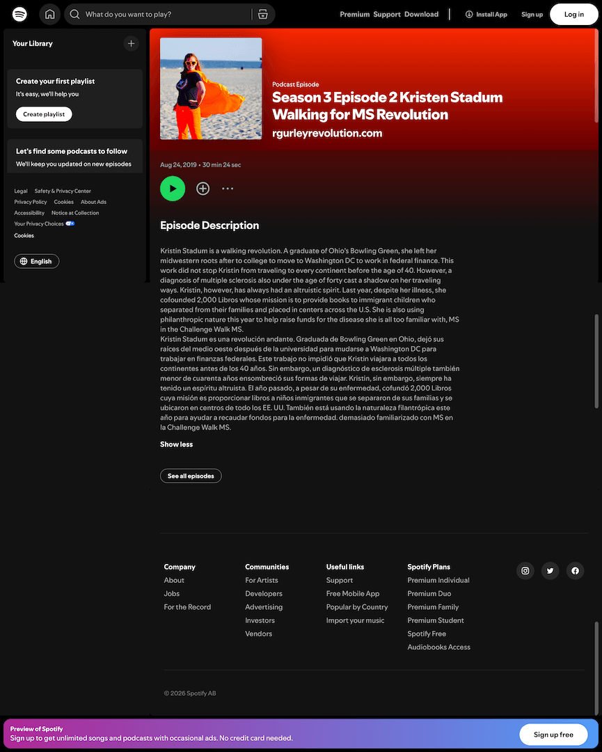 Spotify podcast page for Kristin Stadum